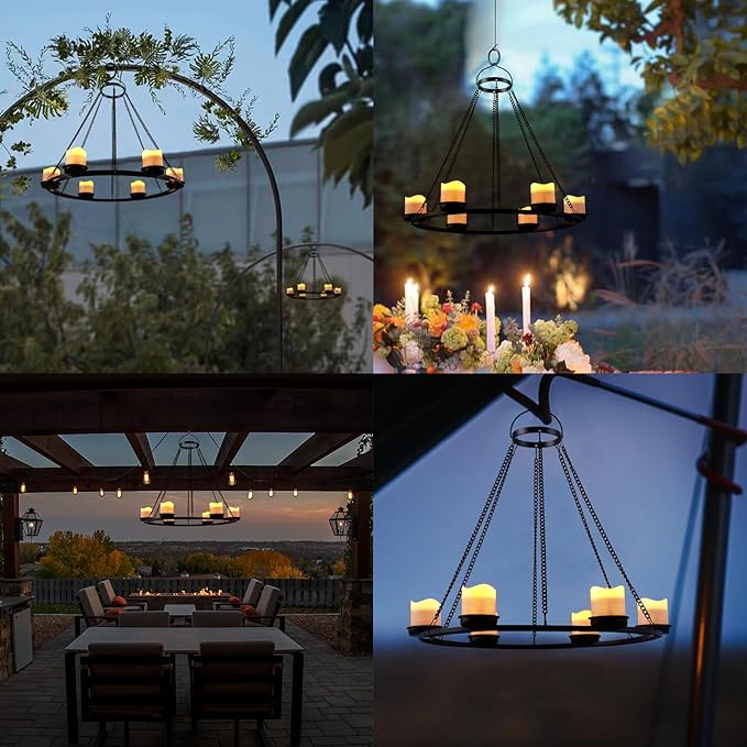 Outdoor Chandelier Solar, Hanging Candle Lantern with 7pcs Solar Powered Votive Lights in Matt Black Finished Metal Candle Holders for Home, Garden, Backyard, Pergola, Gazebo, Tree, Window Decor