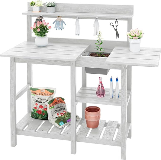 SERWALL Outdoor Potting Bench with Removeable Sink,Rot-Resistant HDPE Potting Table for Outside Gardening, All Weather Use - White