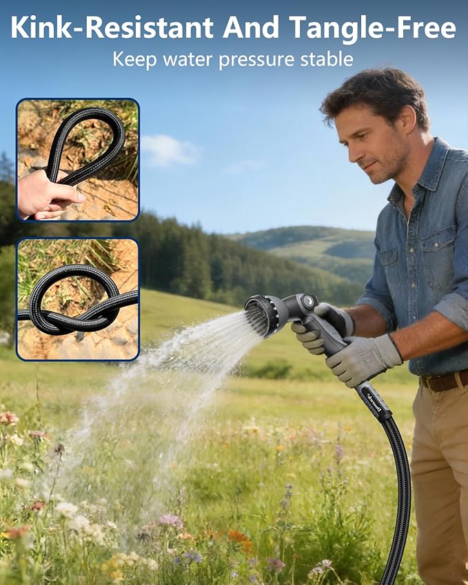 Garden Hose, Flexible Ultra Lightweight Durable, Kink-Free Water Hose with 10 Function Sprayer - Non-Shrinking, Easy to Store, All-Weather, High-Pressure, Black (25 FT)