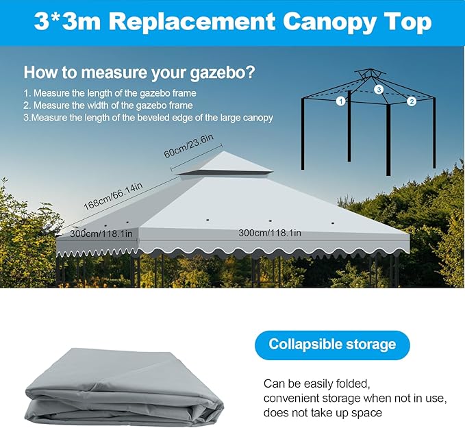 10x10 Double Tiered Gazebo Replacement Canopy, Upgraded 300D Polyester Heavy Duty Canopy Cover Top with Air Vent, Waterproof Gazebo Cover Roof for Outdoor Patio Garden(Grey, Wavy Edge)