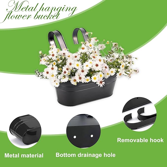 10.6" Oval Iron Hanging Flower Pots - Rust-Resistant Metal Planters with Detachable Hooks for Garden, Yard & Home Decor (Black，3 PCS)