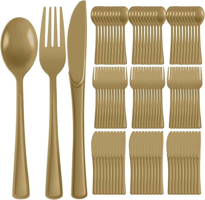 Plastic Silverware 300 PCS Disposable Silverware Heavy Duty Utensil Sets 100 Of Each Forks Knives & Spoons Disposable Cutlery Set For Easter,Birthday,Baby Shower,Garden Party,Wedding(300,Gold)