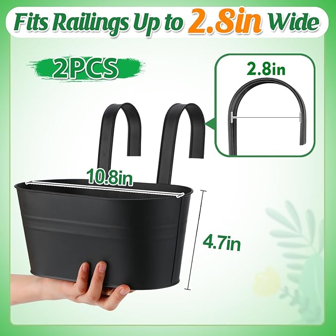 MADHOLLY Railing Planter with Drainage Holes - Sturdy Bucket Pots for Railing Fence, Countryside Style Metal Flower Pots for Herbs Balcony Garden Yard Decor, 2Pcs, Black
