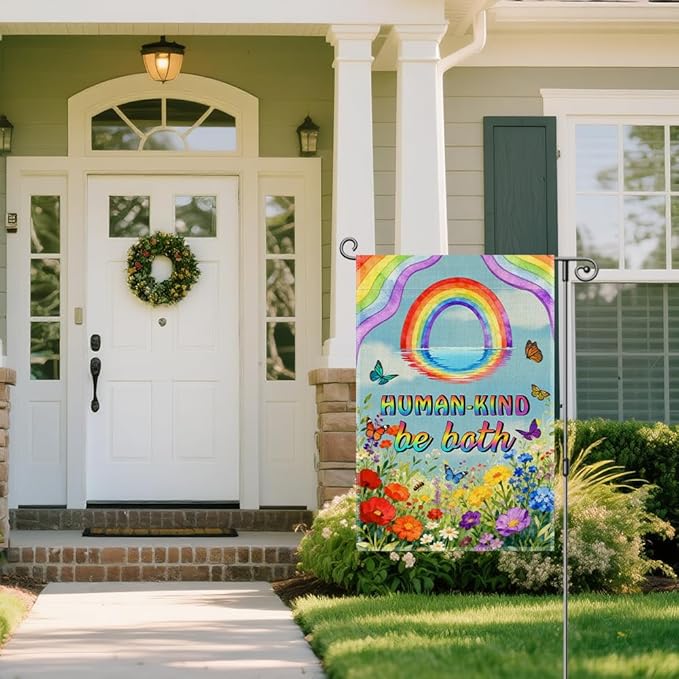 Human-Kind Be Both Garden Flag, Boho Inclusion Kindness Diversity Equality Human Right Yard Banner, LGBTQ Pride Month Banner, Spring Welcome Home Classroom Community Lawn Liberal Outdoor Decor