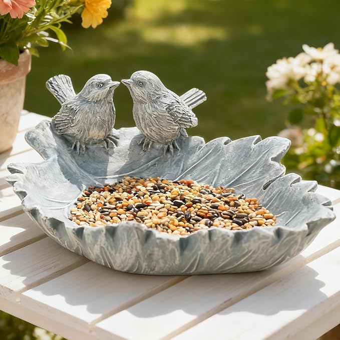 Bird Bath Bowl Outdoor Resin Stone Small Bird Bath and Bird Water Feeder for Outside with Cute Statue Patio Deck Balcony Ground Garden Decorations Birdfeeder Backyard Porch Decor