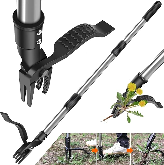 GOXAWEE Weed Puller Tool, 4-Claw Stand Up Weeder with Adjustable 46” Handle for Remove Weeds Without Bending, Pulling or Kneeling