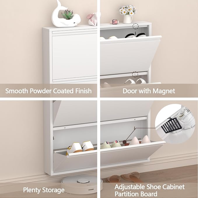 GREATMEET Slim Wall Mounted Metal Storage Cabinet with 3 Flip Drawers
