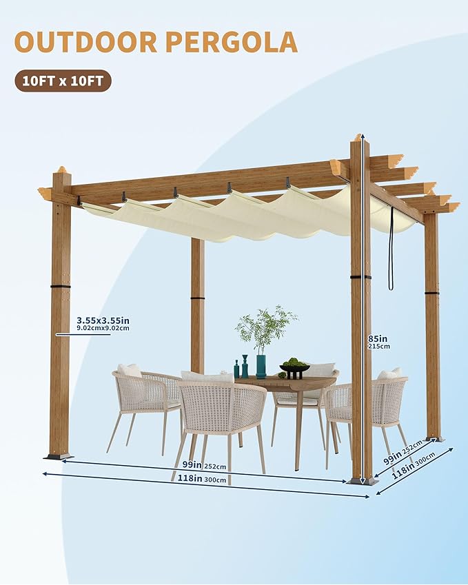 KYBOLT 10x10 Ft Outdoor Pergola with Retractable Canopy Aluminum Imitation Wood Grain Metal Patio Pergola for Backyard Deck Porch Grape Trellis(Beige)