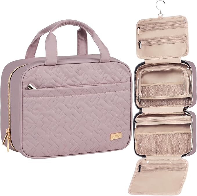 NISHEL Travel Toiletry Bag for women, Portable Hanging makeup Organizer | for Travel-Sized Shampoo, Conditioner, Brushes Set, makeup Accessories, Medium Size, Peach Pink