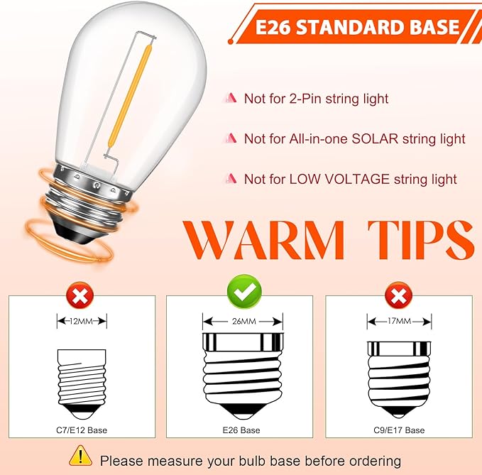 GvvooHome 36 Pack S14 LED Bulbs for Outdoor String Lights, Shatterproof Replacement Edison Bulbs for Patio String Lights Outdoor Waterproof, Warm White 2200K, Dimmable, E26 Standard Base