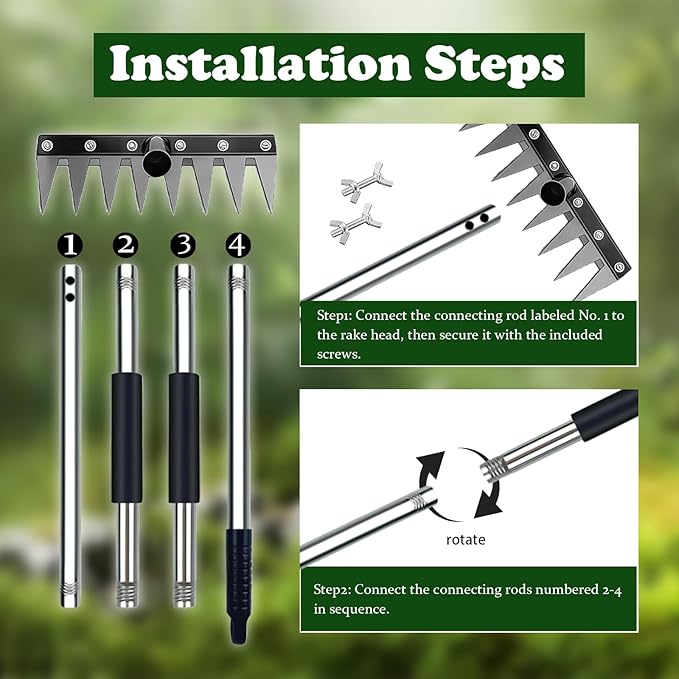 Stainless Steel Weeding Tool, Thickened Version 8 Tines Weeder Rake, Weed Puller Tool with Long Handle, for Removing Weeds, Loosening Soil, Cleaning Flower Beds, Pine Needles & Lawn Prep