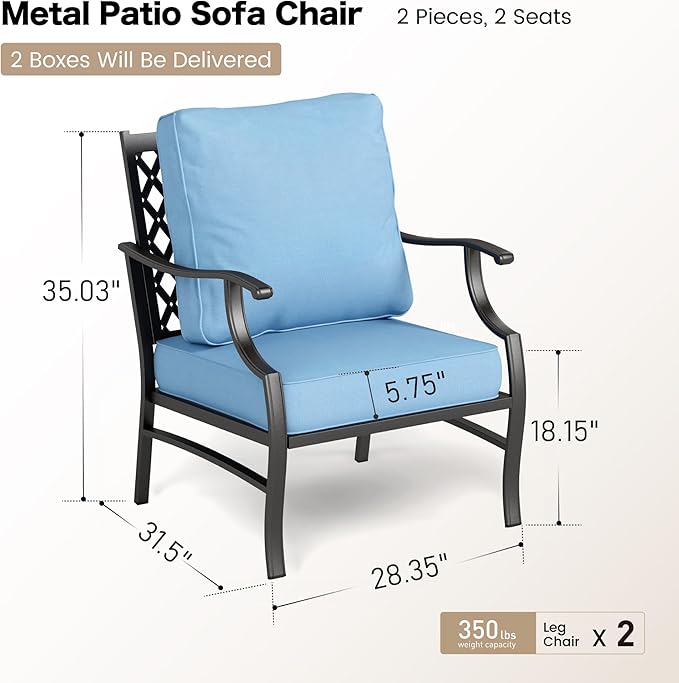 SUNSHINE VALLEY Metal Patio Chairs Set of 2 with 5.75" Extra Thick Cushion, 2 Pieces High Back Outdoor Patio Chairs All Weather Outdoor Furniture Seating for Deck Backyard Balcony Front Porch, Blue