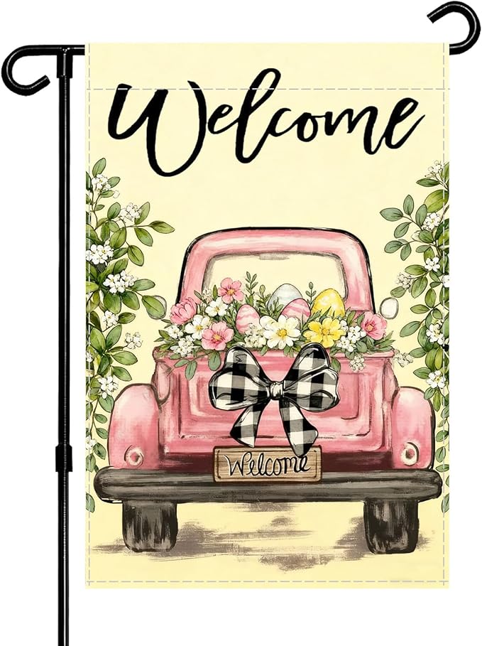 Vintage Pink Truck Garden Flag,12x18 Inch Spring Welcome Floral Design, Decorative Outdoor Double Sided Flag with Buffalo Check Bow, Farmhouse Style