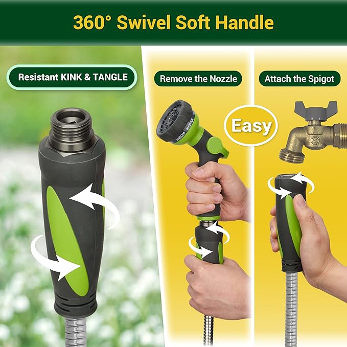 Garden Hose - Water Hose 50 FT with Swivel Handle & 8 Function Nozzle, Flexible, Heavy Duty, No Kink, Lightweight Metal Hose for Outdoor, Yard, 304 Stainless Steel