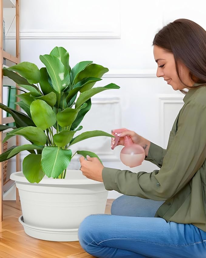 VIDELLY 13 Inch Large Flower Pots 2-Pack, Beige Plastic Planters with Drainage Hole & Tray, Indoor Outdoor Modern Plant Pots for House Plants, Garden, Patio, Office Home Decor