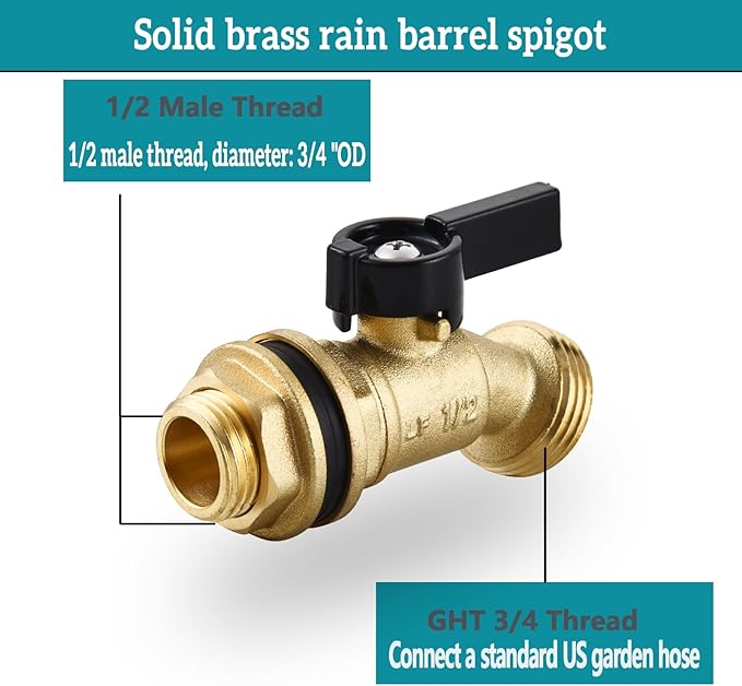 Brass Water Container Rain Barrel Spigot/Faucets， Lead-Free Compliant Spigot 1/2" Inlet to 3/4"GHT Male Thread Outlet with Quarter Turn Spigot Include Bulkhead Fitting and Washers