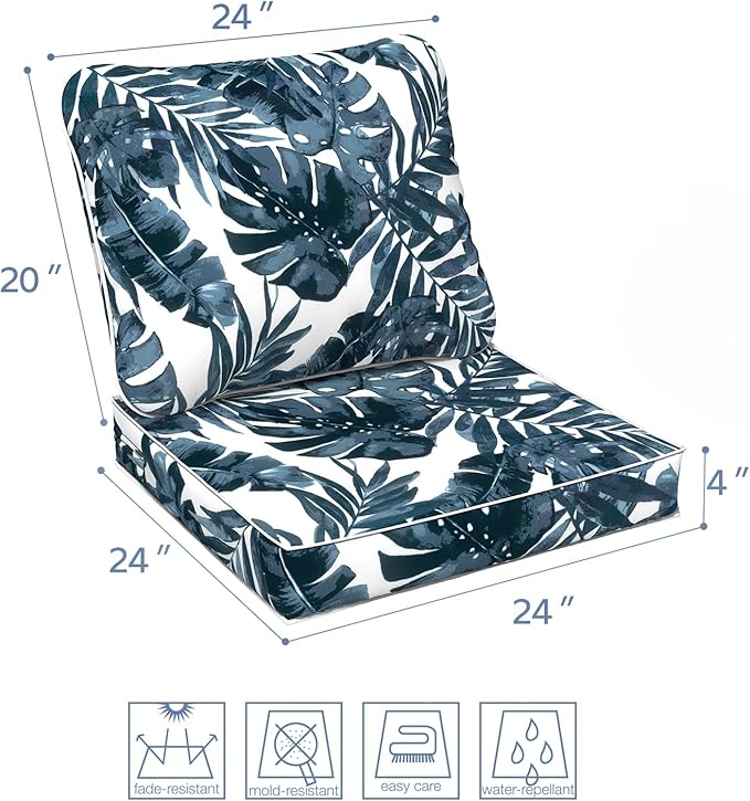LVTXIII Outdoor Deep Seat Cushion Patio Seat and Back Cushion Set Seasonal Chair Cushion for Dining Arm Chairs, Wicker Chairs and Garden Furniture Decoration, 24"x24"x4", Palms Blue