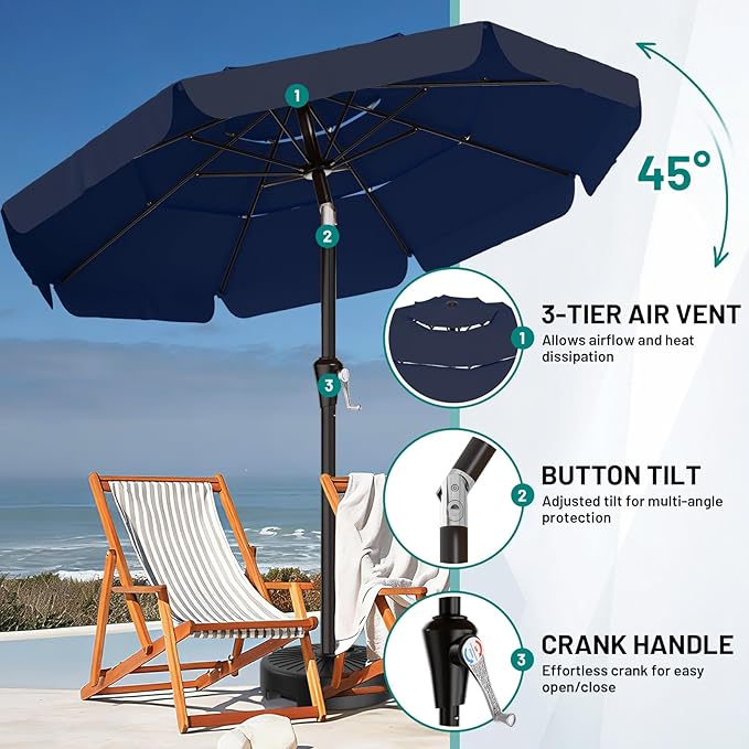 AreShark 10FT 3-Tiers Patio Umbrella with Valance, Outdoor Umbrellas with Crank/Tilt, Table Market Umbrella Vented w/ 8 Sturdy Ribs for Garden, Deck, Backyard, and Pool, Navy