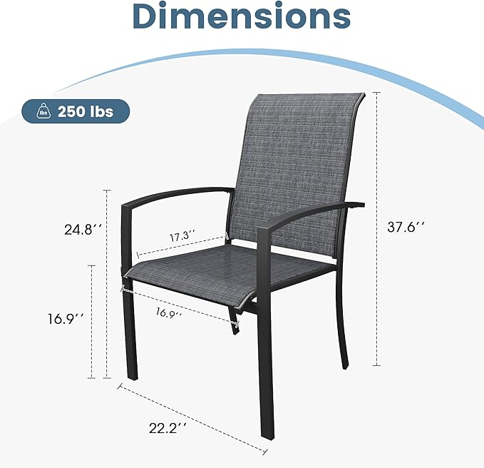 DIFY Patio Chairs Set of 4, Stackable Outdoor Dining Chairs with High Back & Metal Frame, All Weather Breathable Textilene Fabric Outdoor Chairs Set for Backyard Garden Deck, Dark Grey