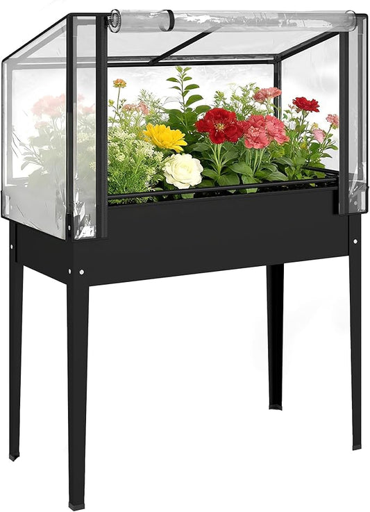 Outsunny Raised Garden Bed with Flip-Up Greenhouse Cover, Metal Elevated Garden Bed with Legs and Drainage Hole, Outdoor Raised Planter Box for Vegetables Herbs Flowers, 39.4" x 18.9" x 52.8", Black