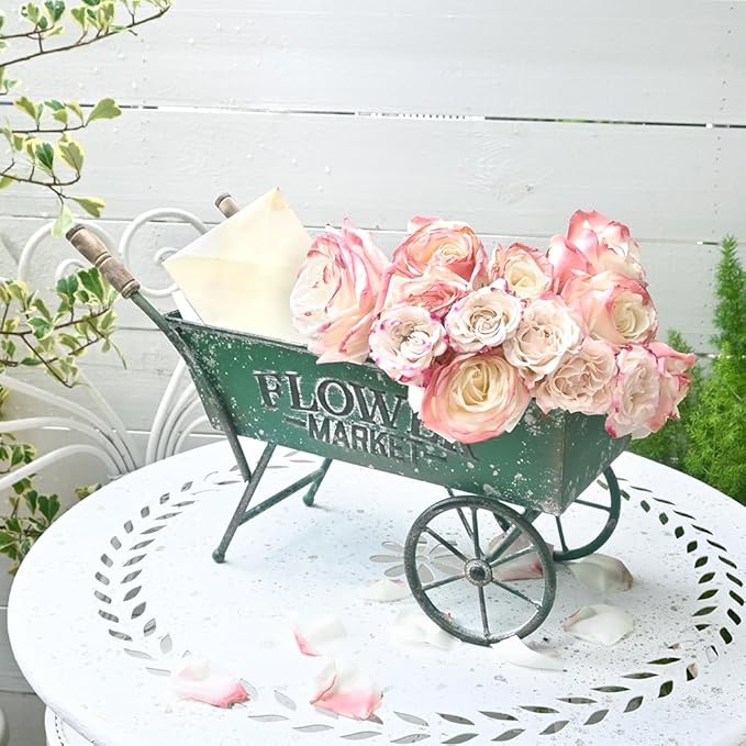15 Inch Farmhouse Small Flower Cart with Wooden Handles Metal Wagon Planters for Outdoor Plants Decorative Wheelbarrow Plant Cart for Patio Garden Balcony Green