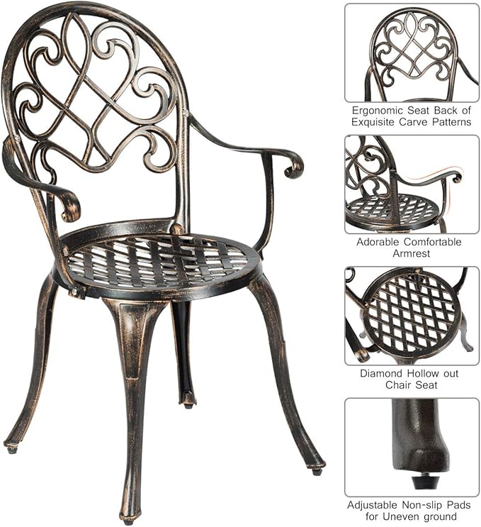 Giantex 3pcs Bistro Table Set Cast Aluminum Outdoor Patio Furniture Set Round Table W/Removable Ice Bucket, 2 Chairs Antique Garden Furniture Weather Resistant (Antique Bronze)