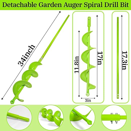 Detachable 34 x 3 Garden Auger Drill Bit,Auger Spiral Drill Bit for Planting Bulbs and Potted Plants & No Need to Squat Down, Plant Bit with 3/8" Hex Drive Drill
