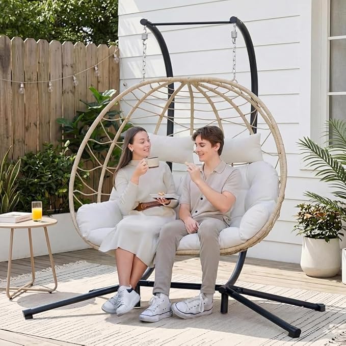 Easyego 2-Person Wicker Hanging Egg Chair with Stand- 700 lb Capacity, Indoor/Outdoor Double Egg Swing Hammock Chair for Patio, Garden, Porch, Living Room, Bedroom-Beige