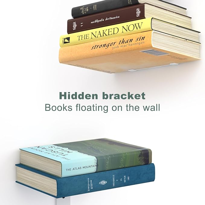 Mefirt Floating Bookshelves for Wall，8 Tier White Invisible Bookshelf | Vertical Spine Book Tower, Heavy Duty Floating Book Shelves Metal Book Organizers for Home Office, 4 Pack