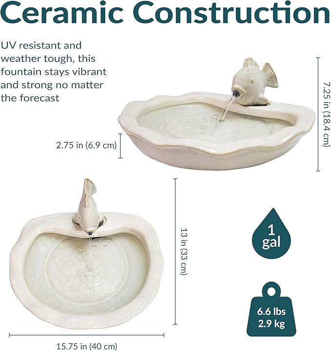 Sunnydaze Glazed Ceramic Fish 7-Inch Outdoor Garden Fountain - Outdoor Tabletop Fountain for Patio, Deck, Garden - White