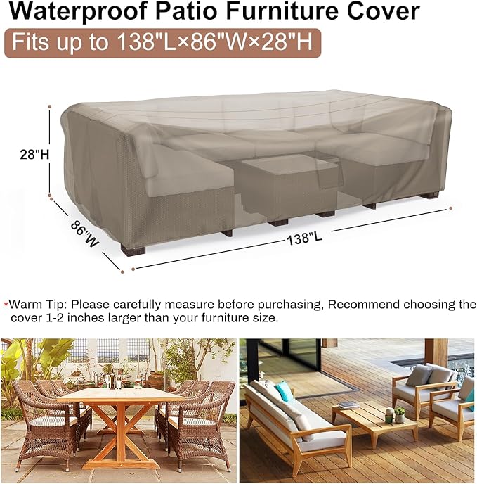 Mrrihand Heavy Duty Patio Furniture Covers, Outdoor Furniture Covers Waterproof Sectional Sofa Set , Patio Table and Chair Set Cover 138"L×86"W×28"H,Brown