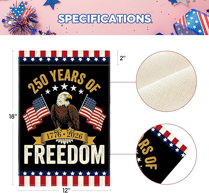 AVOIN colorlife Patriotic 250 Years of Freedom Garden Flag 12x18 Inch Double Sided Outside, 4th of July American 250th Anniversary 1776-2026 Yard Outdoor Decoration
