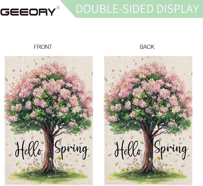 GEEORY Spring Garden Flag 12x18 Inch, Pink Floral Tree Double Sided Spring Summer Small Floral Flag, Farmhouse Rustic Outdoor Decor for Outside Yard Lawn Decoration