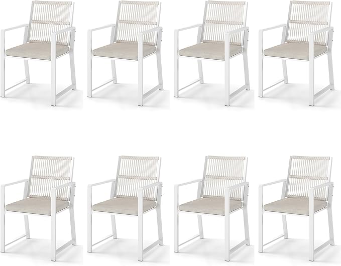 Outdoor Patio Wicker Rattan Dining Chairs, Heavy-Duty Wrought Iron Frame Supports 300lbs, Ergonomic Backrest, Detachable Breathable Cushion, for Garden & Porch, White, Set of 8