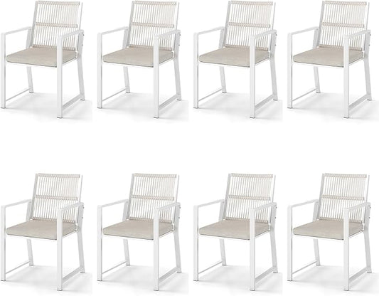 Outdoor Patio Wicker Rattan Dining Chairs, Heavy-Duty Wrought Iron Frame Supports 300lbs, Ergonomic Backrest, Detachable Breathable Cushion, for Garden & Porch, White, Set of 8