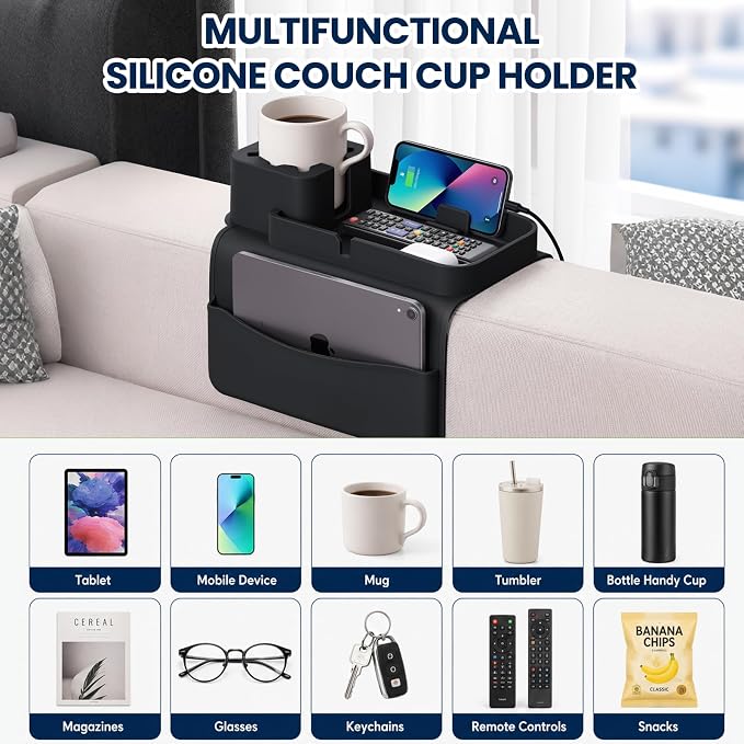 Silicone Couch Cup Holder Tray – Anti-Spill Non-Slip Sofa Armrest Organizer with Tablet & Phone Stand, Side Pockets, BPA-Free Dirt-Resistant Arm Tray for Drinks, Remotes, Snacks, Gifts (Black)