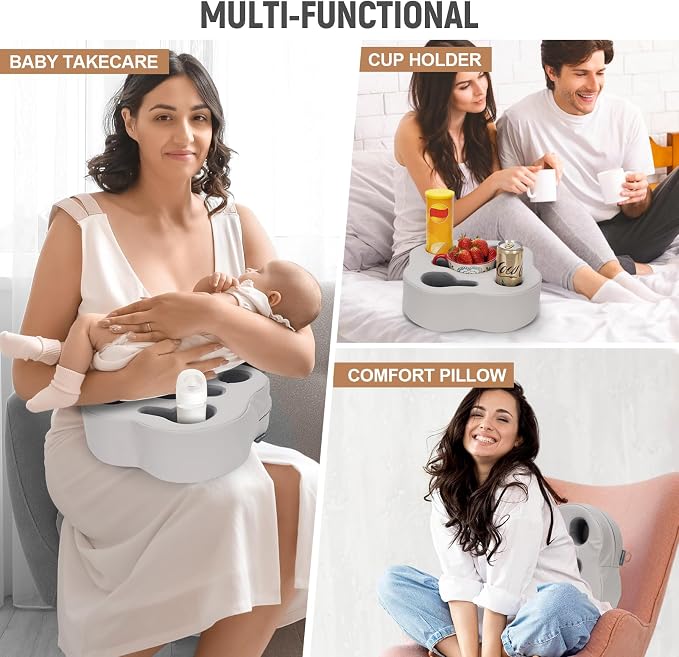 Couch Cup Holder Pillow, Sofa Organizer Caddy, PUGrey | Tray Pillow, Sofa Pillow Drink Tray Bed Refreshment Caddy for iPad, Drinks, Remotes, Phones, Snacks, Removable, Washable