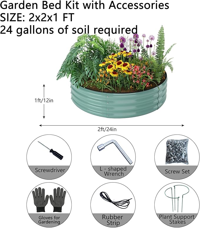 ZFHgarden Galvanized Metal Planter Round Raised Garden Bed Kit for Gardening Outdoor，2x2x1ft Grow Garden Box Raised Flower Bed，Round Galvanized Planter Outdoor Metal Fire Pit Ring