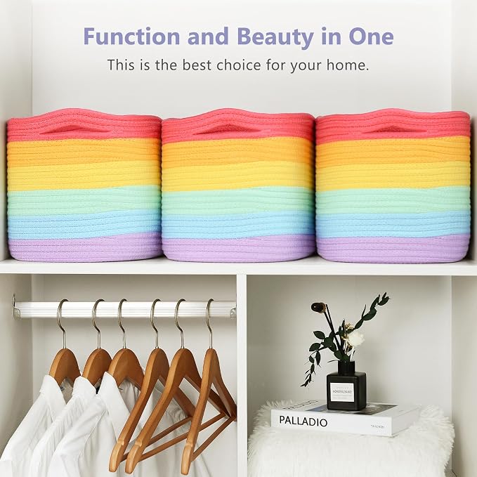 ECDYQXVU 15x10x9 Inch Woven Cotton Rope Storage Basket, 3 Pack | Foldable Design, Built-in Handles, Space-saving Organizer for Living Room, Bedroom, Laundry, Shelves, Clothes, Towels