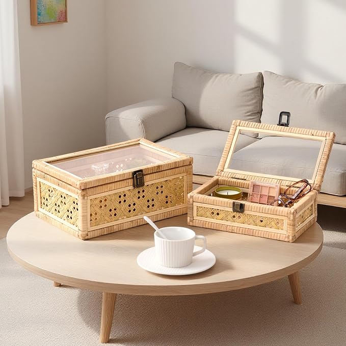 Decorative Rattan Box Handmade Boho Natural Wicker Woven Basket | with Clear Glass Lid Wooden Frame, Keepsake Jewelry Organizer, Rectangular Desk Cane Boxes, Closet Shelf Storage, Large