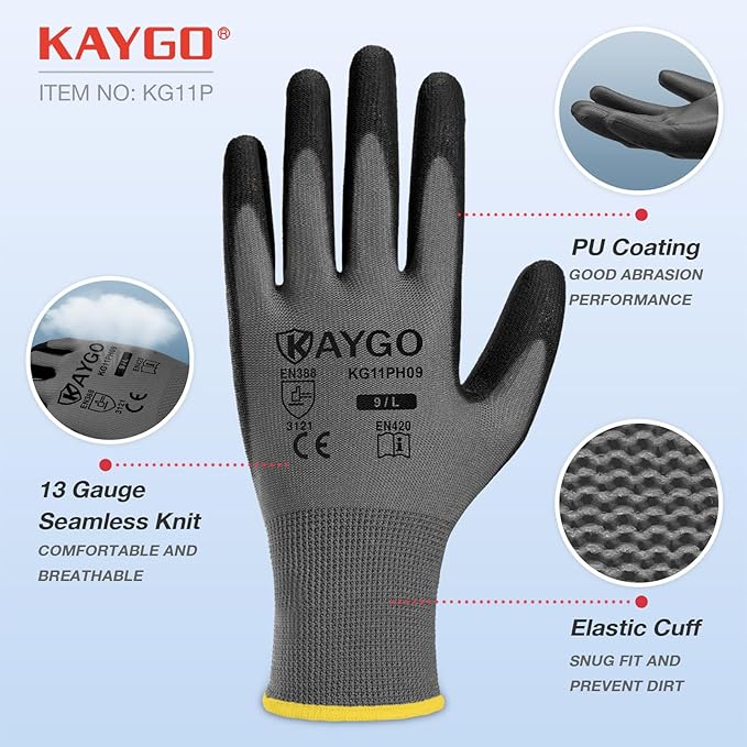 KAYGO Work Gloves for Men and Women, 60 Pairs Seamless Knit PU Coated Safety Gloves, with Smooth Grip on Palm and Fingers, Ideal for Light Warehouse, Manufacturing, Gardening, KG11P (L,Gray)