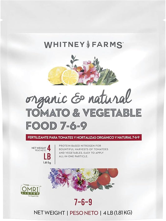 Whitney Farms Organic & Natural Tomato & Vegetable Food 7-6-9 - Fertilizer for Vegetable Gardens, In-Ground or Container Gardens, 4 lb.