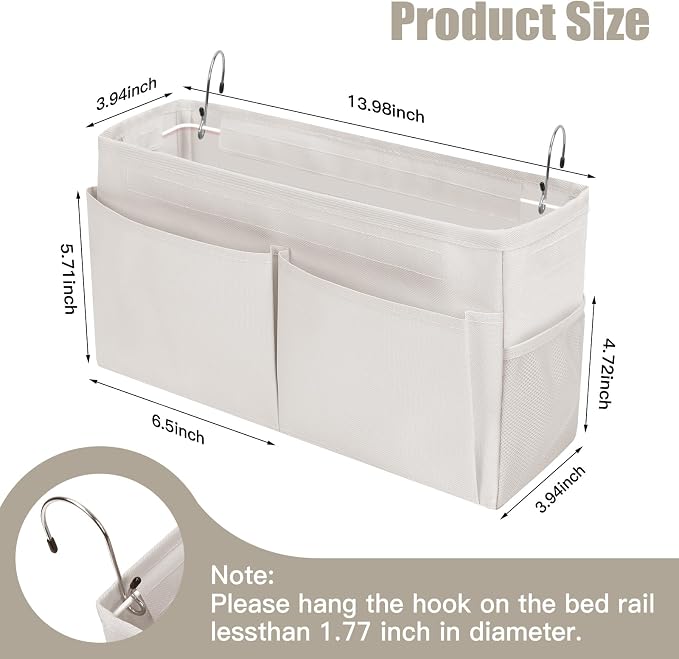Bedside Caddy Organizer with Fixed Straps, Bunk Bed Caddy ideal for Home, Bunk Bed, Dorm, Hospital, Crib, Versatile Bedside Storage Solution (Beige)