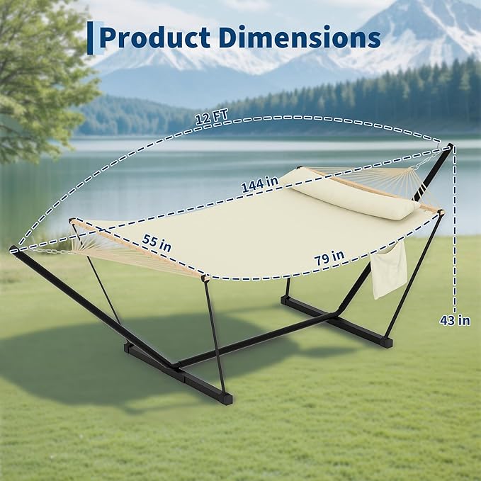 Garvee Double Hammock with Stand for Outdoor, Heavy Duty Portable 2 Person Hammock with Adjustable Steel Stand for Patio, Garden, Beach, Backyard