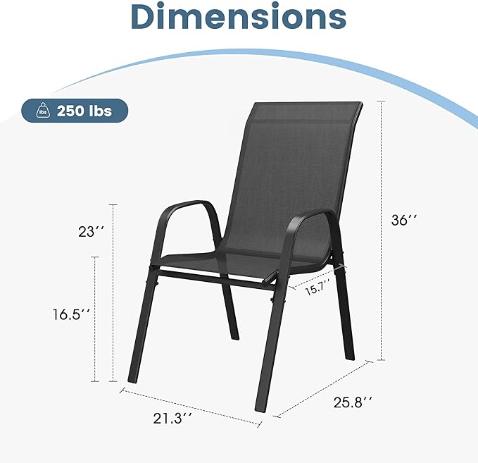 DIFY Patio Chairs Set of 4, Stackable Outdoor Dining Chairs Set with Breathable Textilene High Back and All-Weather Metal Frame for Garden, Backyard, Deck, Dark Grey
