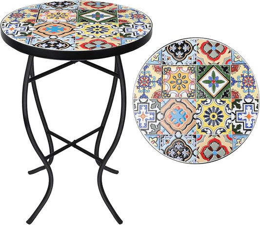 VCUTEKA Mosaic Outdoor Side Table - Small Patio Table Coffee Outside Accent Tables Round End Plant Tables for Bistro Balcony Porch Outdoor Benches 14'' Muti Yellow