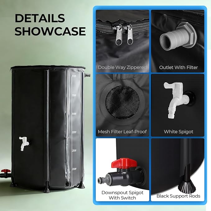 SKM Collapsible Rain Barrel, PVC Rain Water Collection System and Water Tank for Outdoor/Garden/Lawn, Portable Rain Water Collection Barrel Container with Spigots & Overflow Kit, 100Gallon, Black
