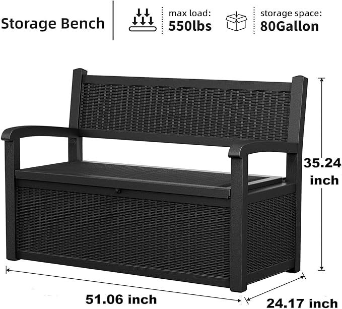 PatioZen 80 Gallon Outdoor Storage Bench Deck Box Waterproof Lockable,Outdoor Storage Furniture for Patio,Garden and Porch,Tools and Cushions（ Black）
