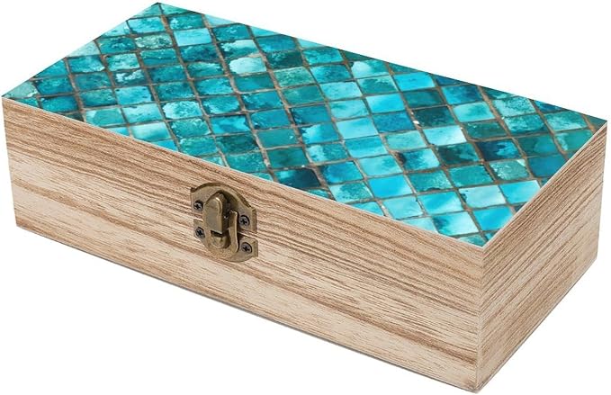 Turquoise Blue Pattern Small Wooden Storage Box, Elegant Retro Style, Practical Storage & Home Decoration Dual Use