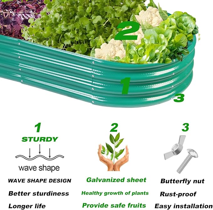 Rakukiri Raised Garden Bed GRS Certified Galvanized Planter Box Outdoor, 8ft Oval Rot-Resistant Metal Garden Bed Planter, Recycled Material Planter for Vegetables Flowers Herbs (Green)